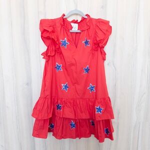 Fantastic Fawn Sequin Star Mini Dress M Red Ruffle Western Americana Patriotic
